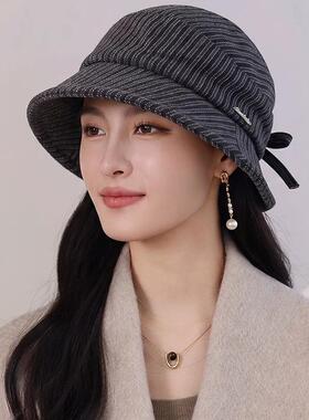 韩版复古拼色条纹帽子女宽檐显脸
