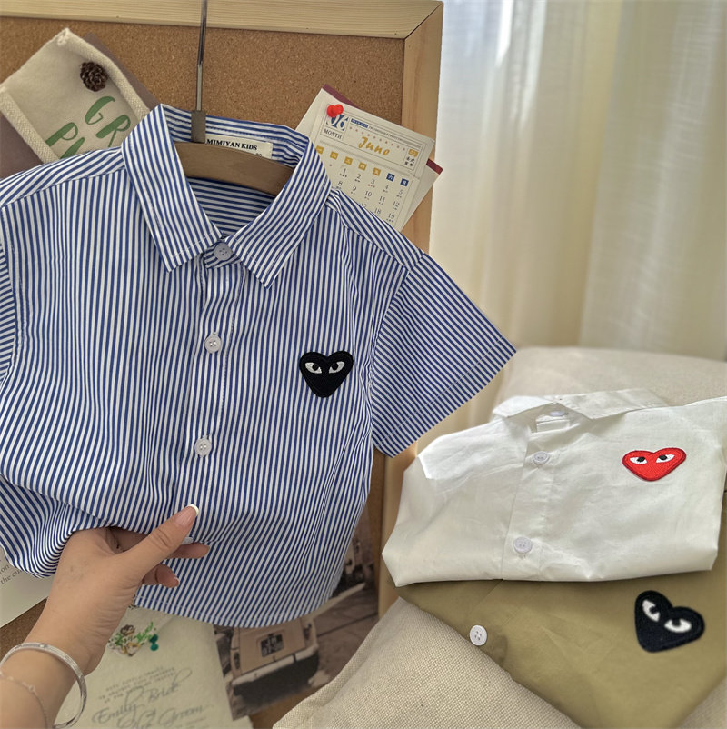 辰妈儿童短袖衬衫2023夏男女童纯色爱心贴标衬衫宝宝条纹短袖衬衣_虎窝淘