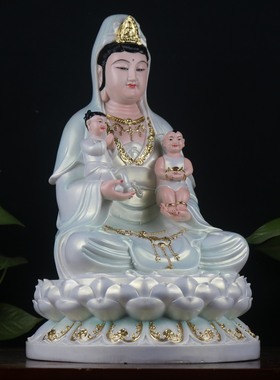 汉白玉送子观音菩萨家用供奉菩萨包邮桌面双童送子观音神佛像摆件