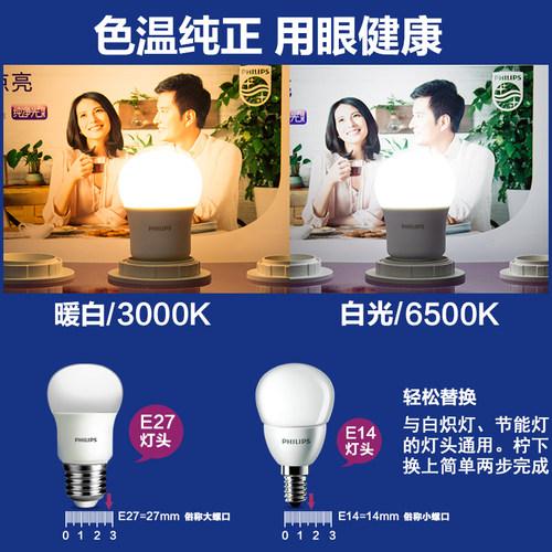飞利浦灯泡家用led灯e27大球泡e14小螺口节能单电灯3W超亮9w灯具 - 图1