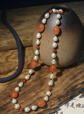 天然川料南红玛瑙珍珠项链耳环女