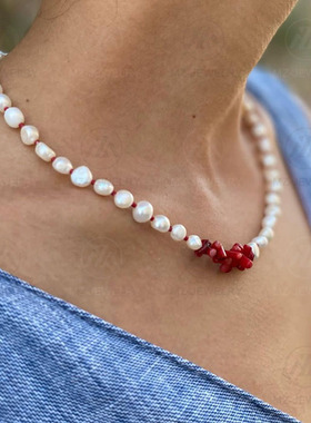 欧美淡水珍珠海竹珊瑚不对称项链
