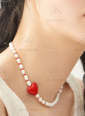 日韩项链淡水珍珠红色桃心锁骨链