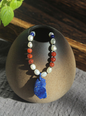 高端老矿青金原石吊坠项链复古川料南红玛瑙珍珠短款毛衣链锁骨链