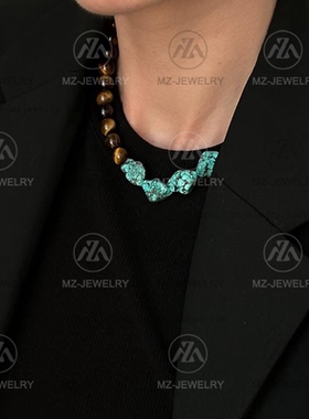 欧美天然白水晶黄虎眼石珍珠项链