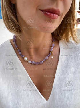 西班牙天然石紫水晶珍珠项链