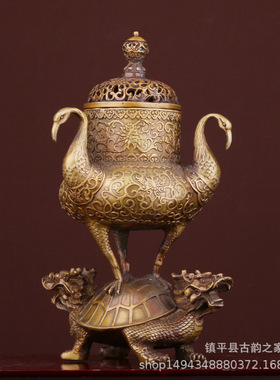 双头龙龟三鹤熏香炉仿古纯黄铜檀香炉客厅怀旧禅意家居摆件