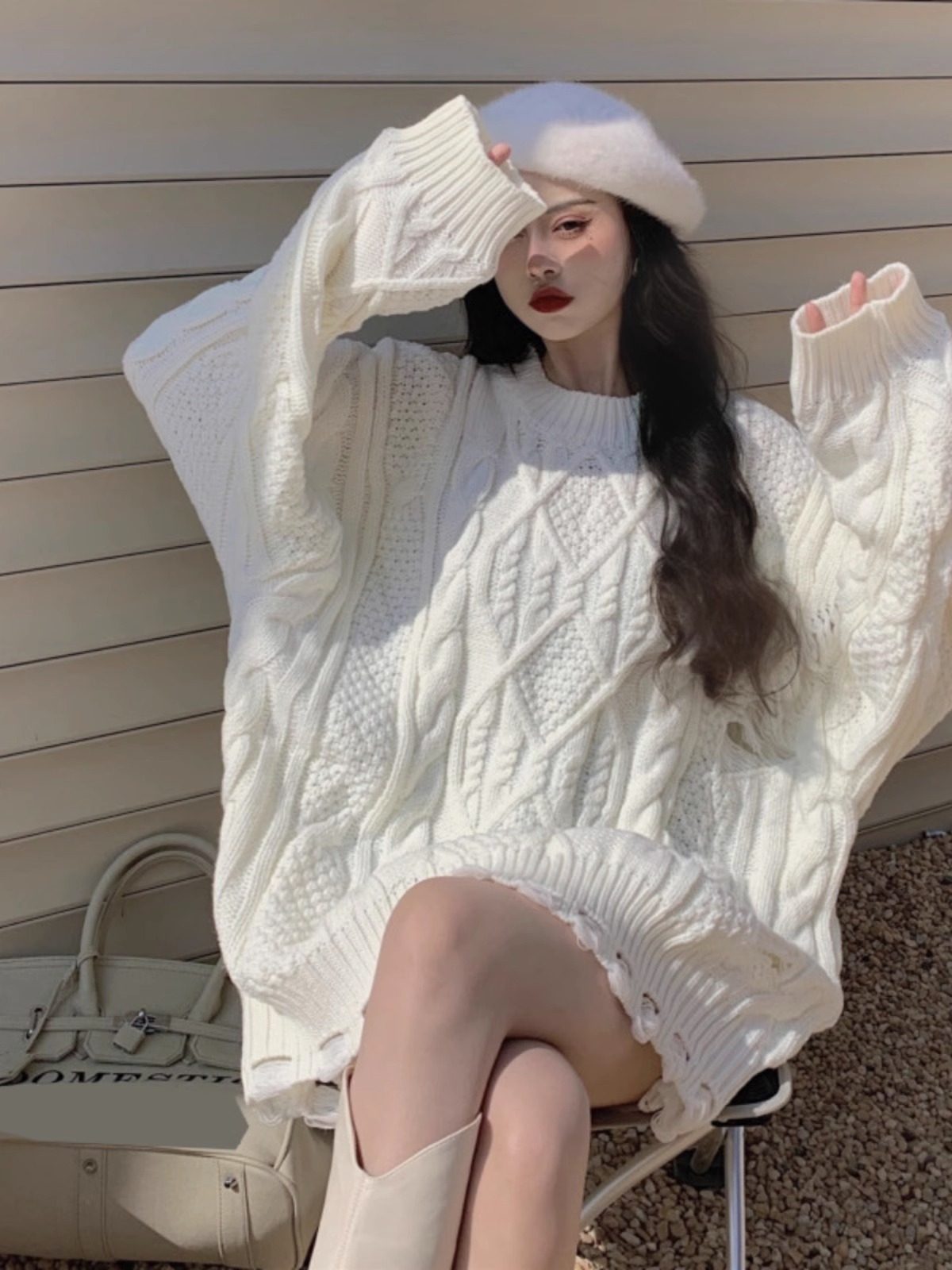 秋冬新款宽松慵懒风麻花毛衣裙搭配靴子的黑色中长款毛衣女遮屁股,淘宝优惠券,粉丝福利购,淘宝优惠卷