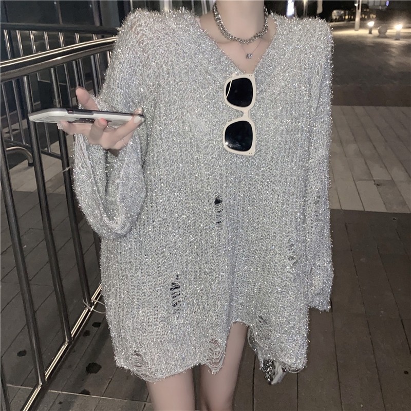 银色亮丝破洞毛衣女露肩上衣秋季新款宽松慵懒中长款针织衫秋冬早,淘宝优惠券,粉丝福利购,淘宝优惠卷