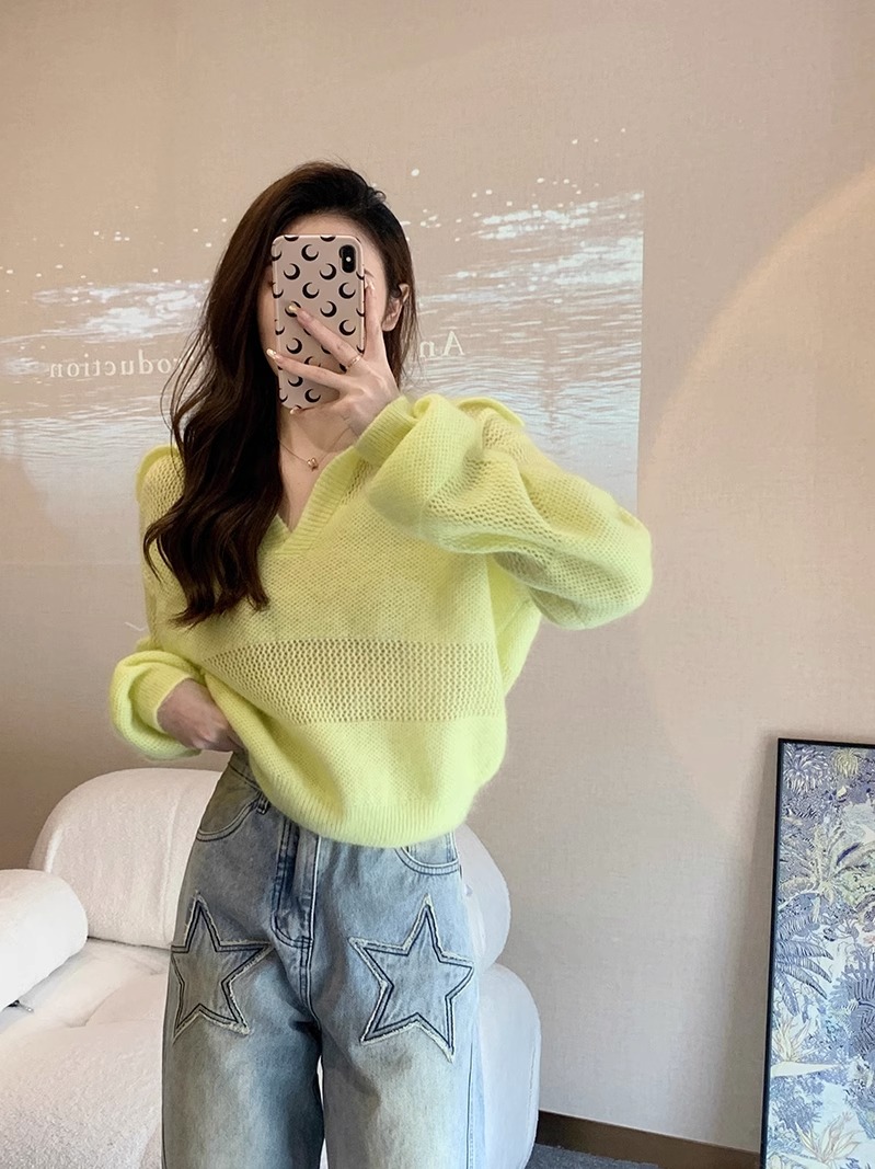 黄色上衣短款毛衣女秋装新款小众设计感宽松慵懒风马海毛针织衫早-图0