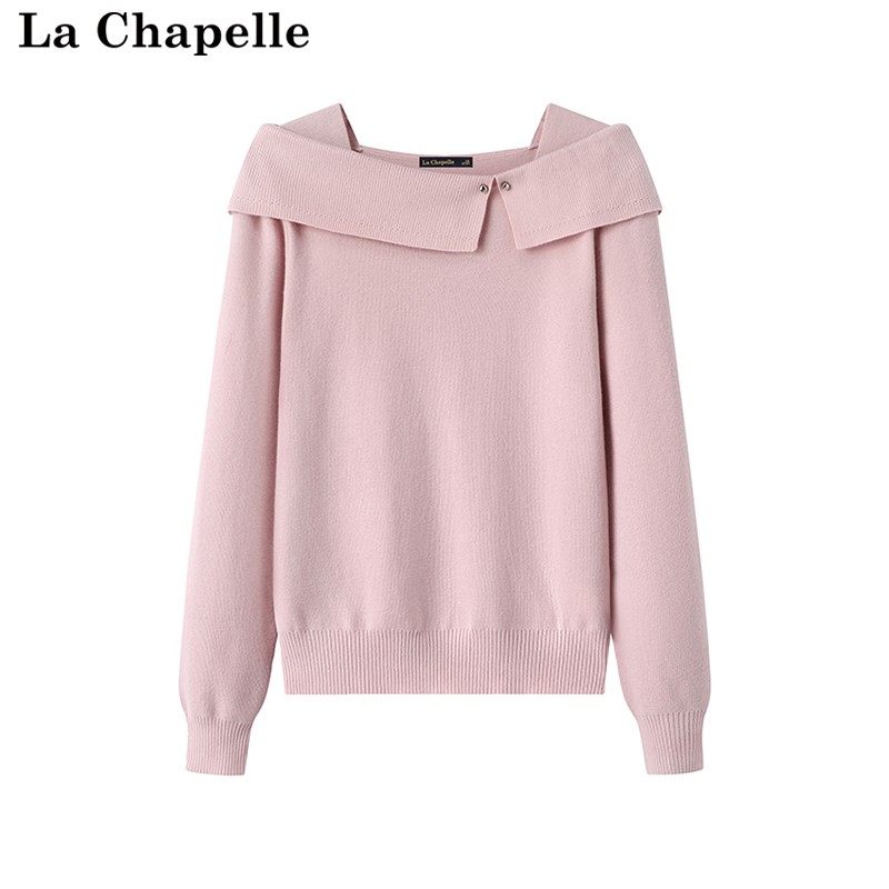 拉夏贝尔/La Chapelle秋冬季新款米白针织衫上衣女一字肩翻领毛衣,淘宝优惠券,粉丝福利购,淘宝优惠卷