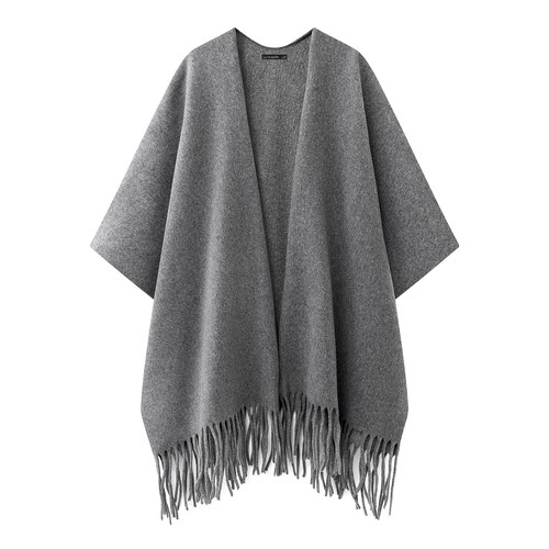 拉夏贝尔/La Chapelle秋冬厚款针织披肩外搭旗袍时尚流苏斗篷开衫 - 图3