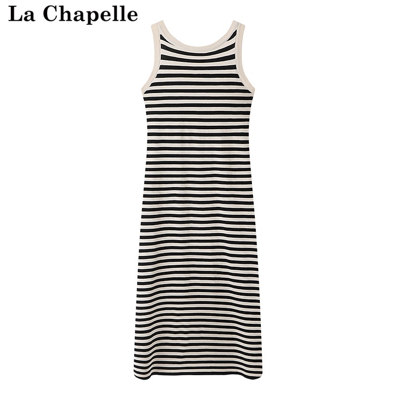 拉夏贝尔/La Chapelle针织无袖连衣裙女夏新款显瘦条纹中长吊带裙