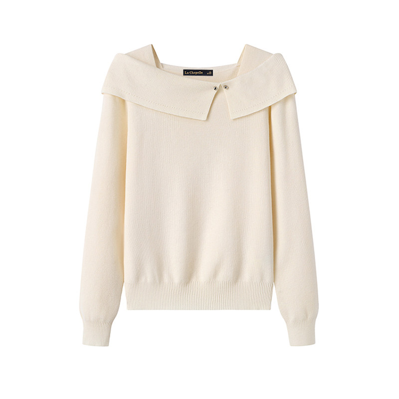 拉夏贝尔/La Chapelle秋冬季新款米白针织衫上衣女一字肩翻领毛衣,淘宝优惠券,粉丝福利购,淘宝优惠卷