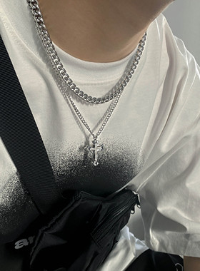 Carmen钛钢男镶钻十字架古巴项链