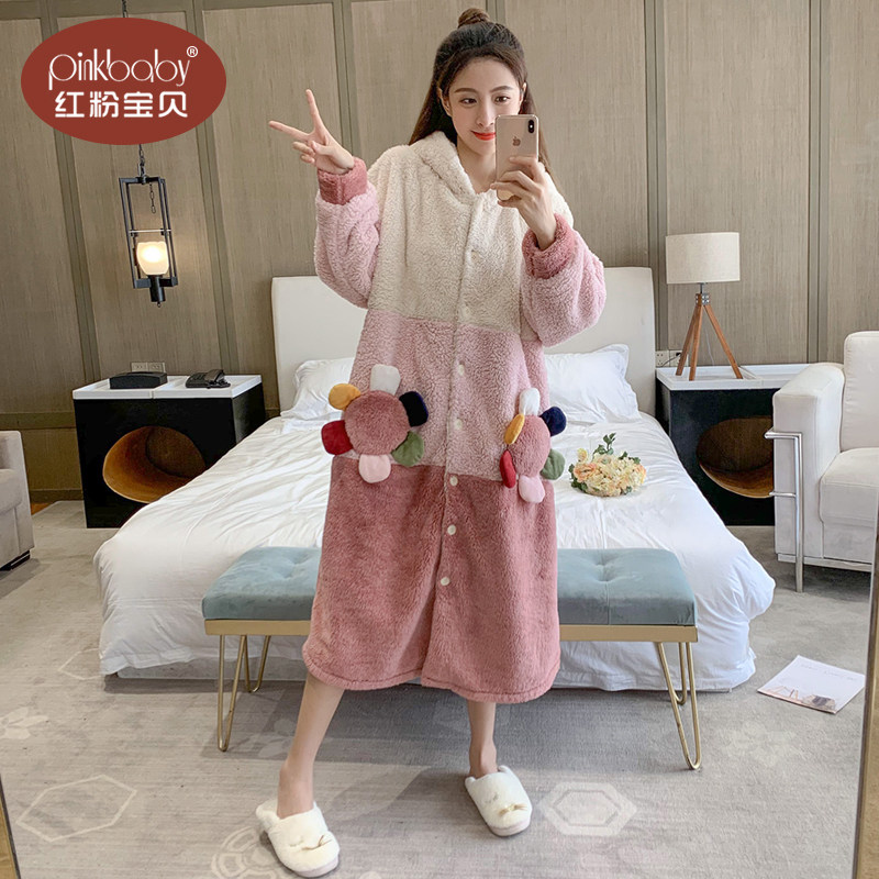 珊瑚绒连帽秋冬可爱学生外穿睡袍 红粉宝贝服饰睡袍/浴袍