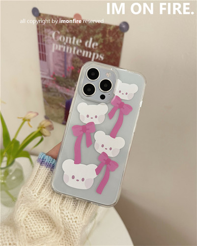 自制韩国ins粉色少女心芭蕾风蝴蝶结小熊iPhone14plus13promax12适用苹果11pro透明手机壳可挂绳软壳15pro16 - 图0