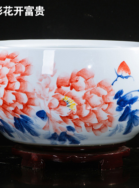 手绘青花瓷聚宝盆家居风水摆件