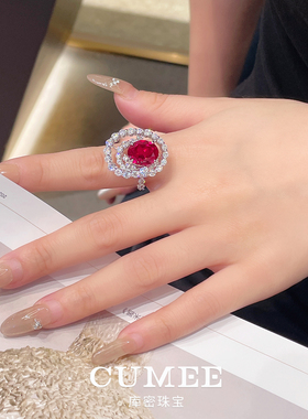 鸽血红培育合成红宝石银镀金戒指