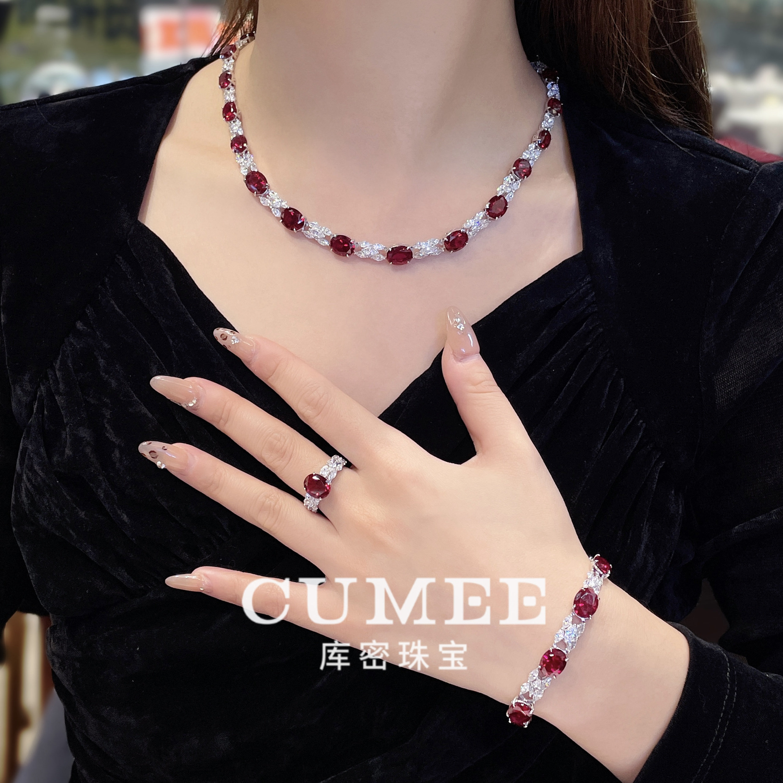 CUMEE 高贵典雅首饰 培育合成鸽血红宝石女款银饰吊坠套装.银镀金,淘宝优惠券,粉丝福利购,淘宝优惠卷