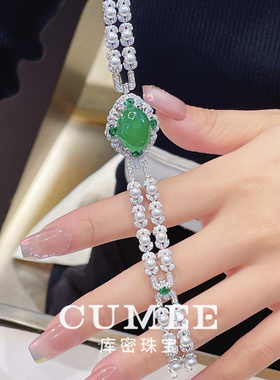 复古新中式 高级感瑞丽风晚宴玉髓手链项链套装.银镀金