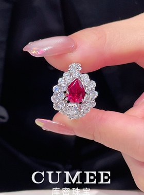 新品猫眼设计款满钻个性戒指培育合成红宝石戒指.银镀金