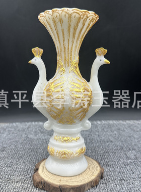 批发仿玉石双孔雀花瓶摆件 树脂孔雀瓶花瓶家居办公摆件工艺品
