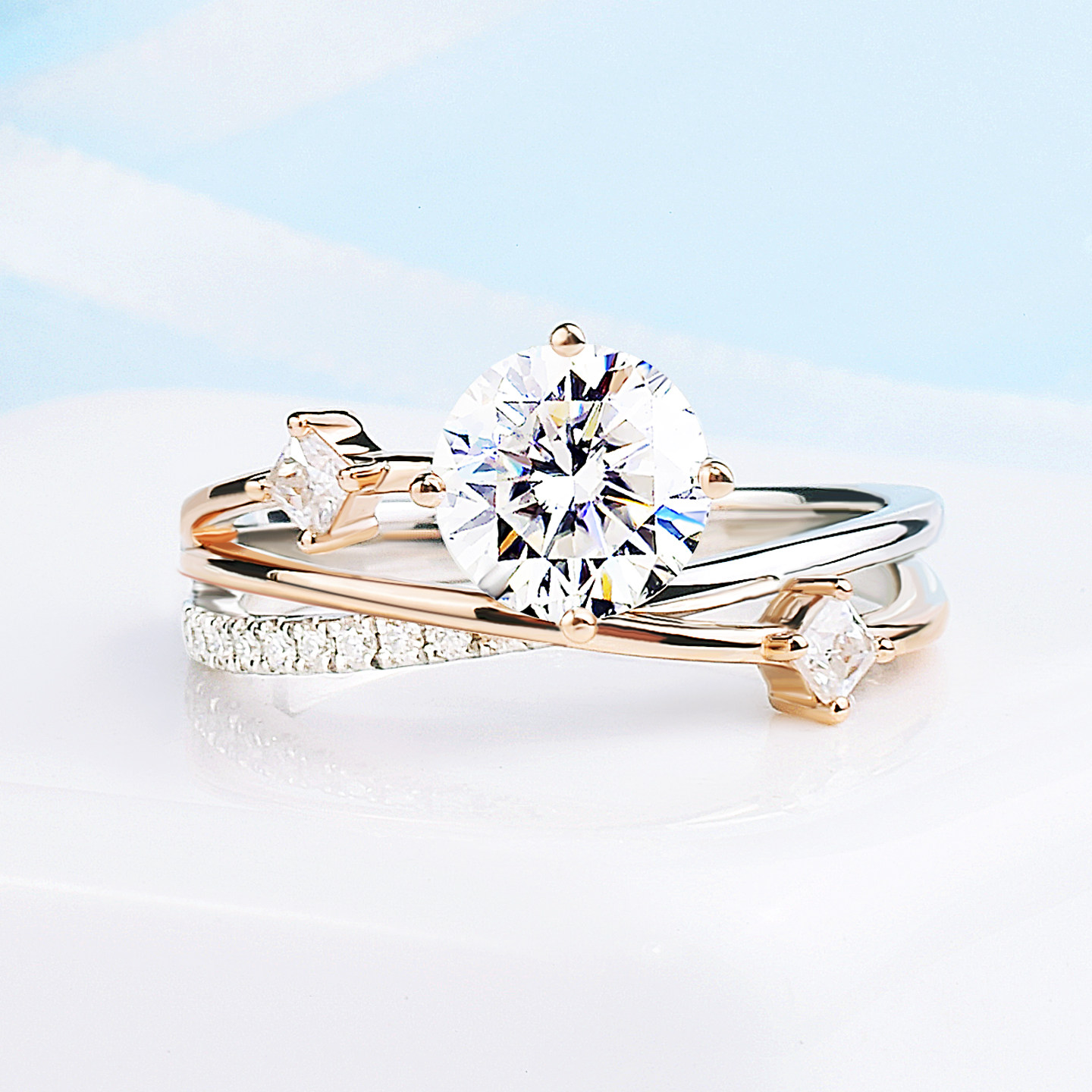Cultured diamond 18K gold ring niche star two-color