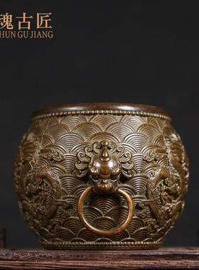 黄铜中式高档复古纯黄铜双龙戏珠狮耳缸铜聚宝盆家居装饰玄关摆件