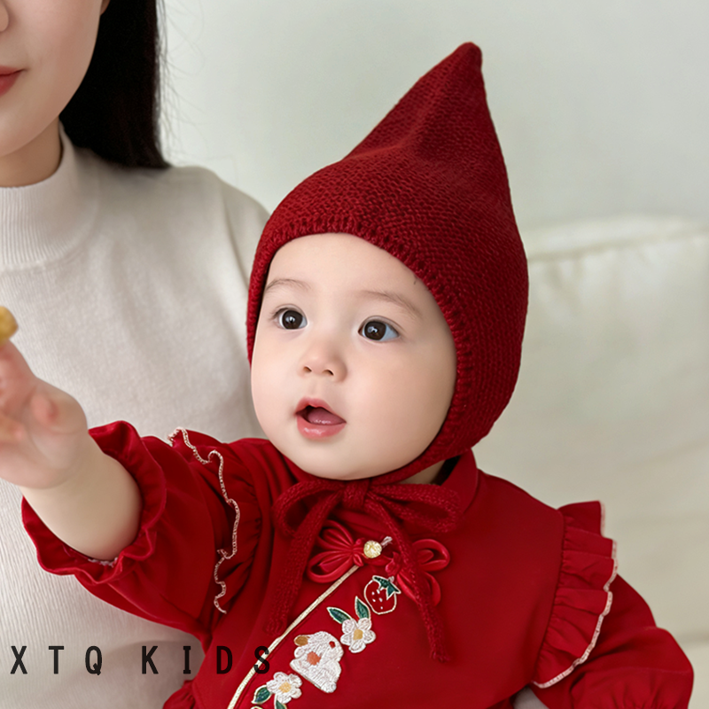 婴儿帽子秋冬季可爱超萌男女童宝宝毛线针织护耳帽红色尖尖巫师帽,淘宝优惠券,粉丝福利购,淘宝优惠卷