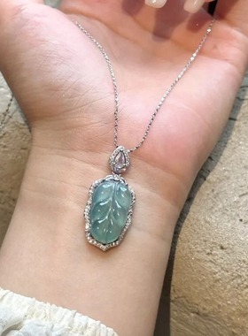 新中式高冰透闪钻叶子吊坠项链女款精致小众高级感锁骨链