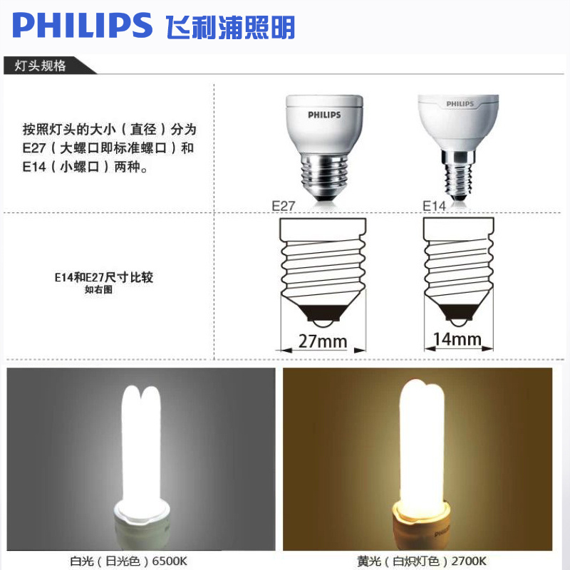 飞利浦节能灯泡e27螺口U型灯管2u台灯荧光3U家用8瓦5W超亮23w暖光 - 图1