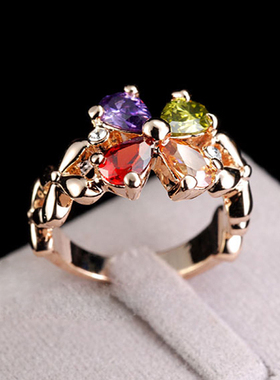 玫瑰金七彩水晶锆石四叶草戒指环