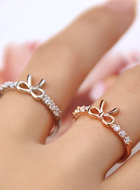 玫瑰金镶钻蝴蝶结戒指日韩配饰