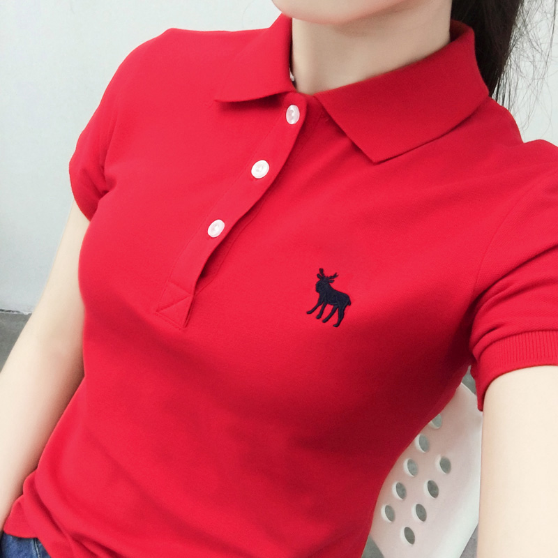 夏季女装红色短袖翻领t恤纯棉带领polo衫女可爱大码运动有领上衣