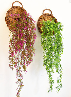 柳编编织花篮藤编花盆植物墙上