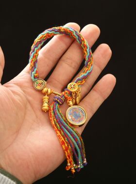 八大守护神唐卡手串藏式装饰品女士手链手工编织 国潮手串七彩绳