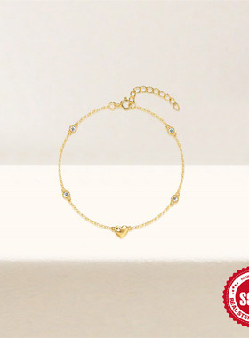 S925纯银经典简约女士光面爱心镶钻手链欧美热销ins风可调节手饰