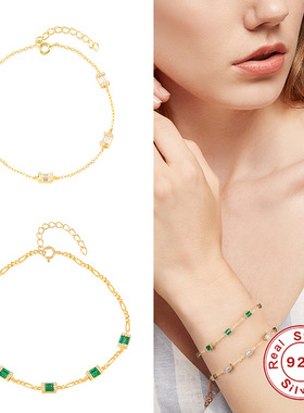 S925纯银长方形双排镶钻轻奢手链配饰韩版个性INS首饰欧美热销款