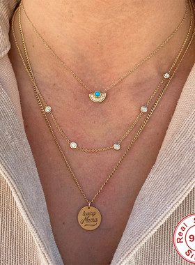 S925纯银绿松石月亮扇形吊坠锁骨链欧美法式风INS高级感项链项饰