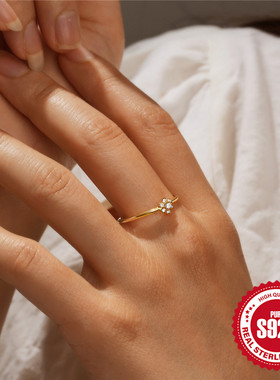 S925纯银镶钻花瓣细款百搭戒指环日韩抖音同款热销极简穿搭戒指女