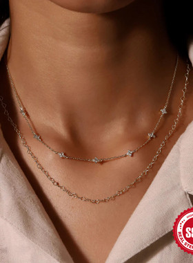 S925纯银个性花卉镶钻叠戴锁骨项链韩版网红热销设计感小众锁骨链