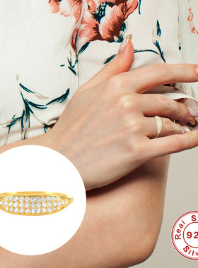 S925纯银树叶马眼镶钻结婚戒指跨境畅销潮流轻奢ins戒指几何首饰