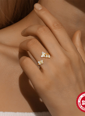 S925银镶锆钻蝴蝶开口戒指