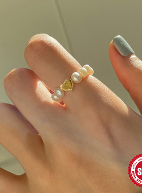 欧美S925纯银爱心形冷淡风弹性珍珠戒指女新款小众设计串珠食指戒