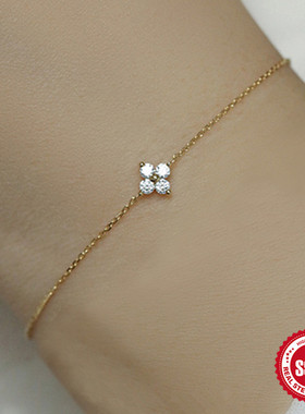 S925银镀金纯银手链女细款迷你款四叶花草小众轻奢设计感气质手链