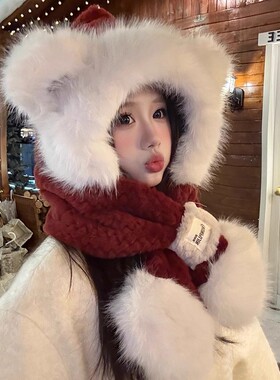 帽子女款2026新款秋冬季保暖毛绒帽子围巾一体围脖显脸小熊耳朵帽