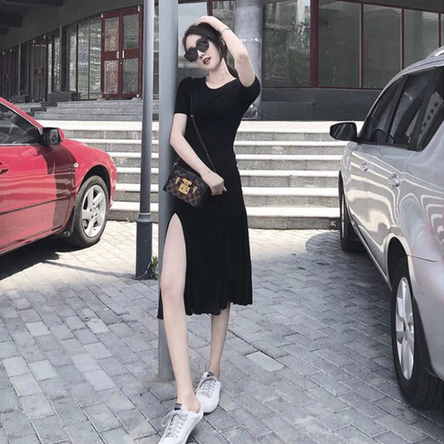 Sexy dress modal ສີດໍາດ້ານ slit ຍາວ skirt