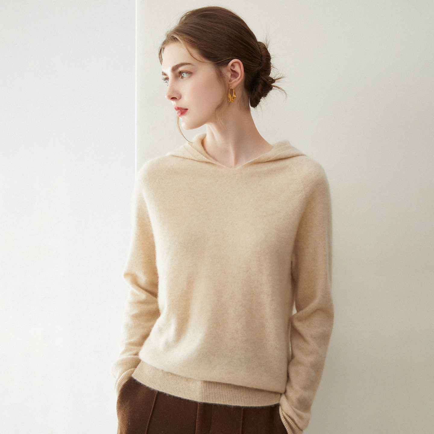 康赛妮~纯山羊绒衫女连帽宽松卫衣帽衫慵懒风针织打底毛衣内搭,淘宝优惠券,粉丝福利购,淘宝优惠卷