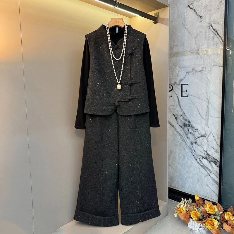 2025秋冬季新款大码女装新中式复古盘扣时尚马甲内搭裤子三件套,淘宝优惠券,粉丝福利购,淘宝优惠卷